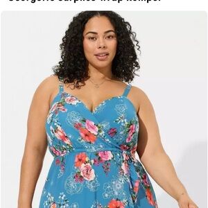 Torrid Blue Floral Surplice Wrap Romper